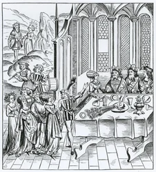 Staatsbanket - het opdienen van de pauw, naar een houtsnede in een in 1517 te Lyon uitgegeven editie van Vergilius